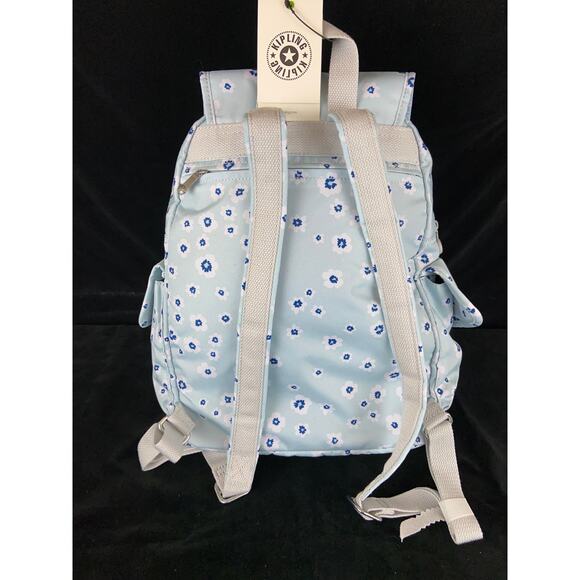Kipling Blue floral Backpack school book bag Blue/White/Gray New - Picture 4 of 10